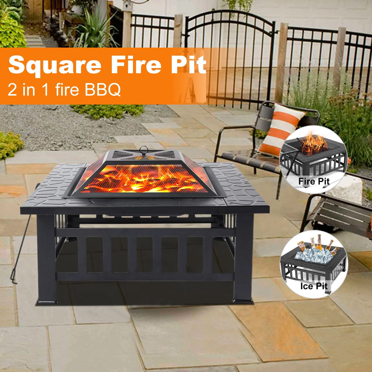 32 Square Metal Fire Pit Table with Spark Screen & Log Poker E9294