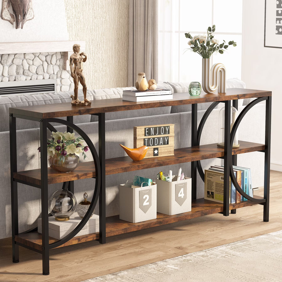 Rustic Brown 3 Tier Narrow Console Table with Storage Shelves T739861