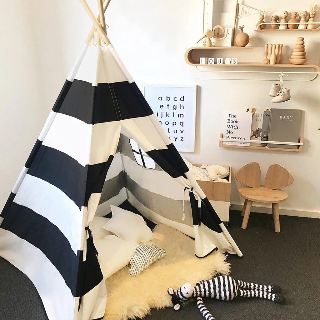 Black White Striped Kids Teepee Canvas Tent Playhouse V6552