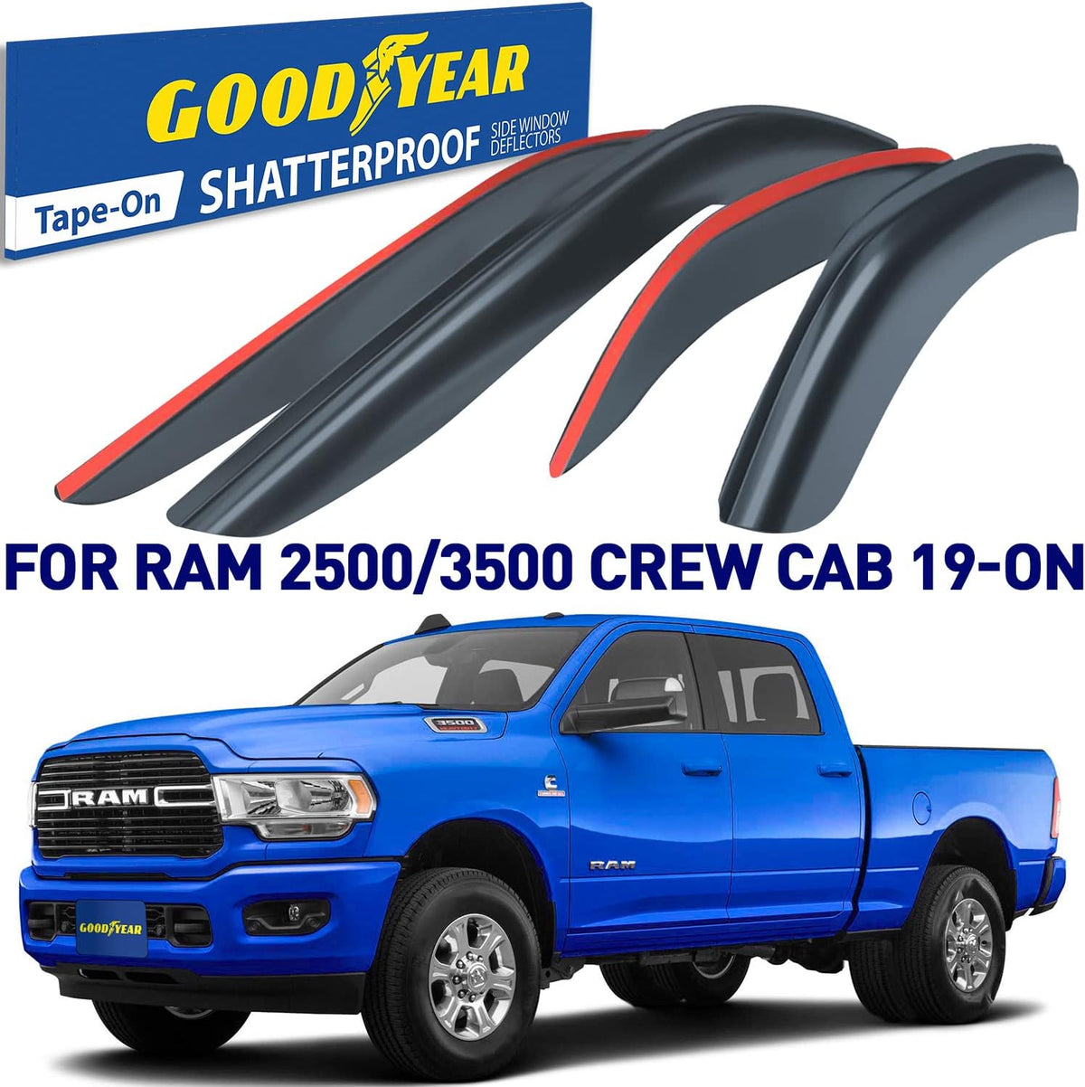 Shatterproof Side Window Deflectors for Dodge RAM 2500 3500 2019-2022 Crew Cab, 4pcs H43679