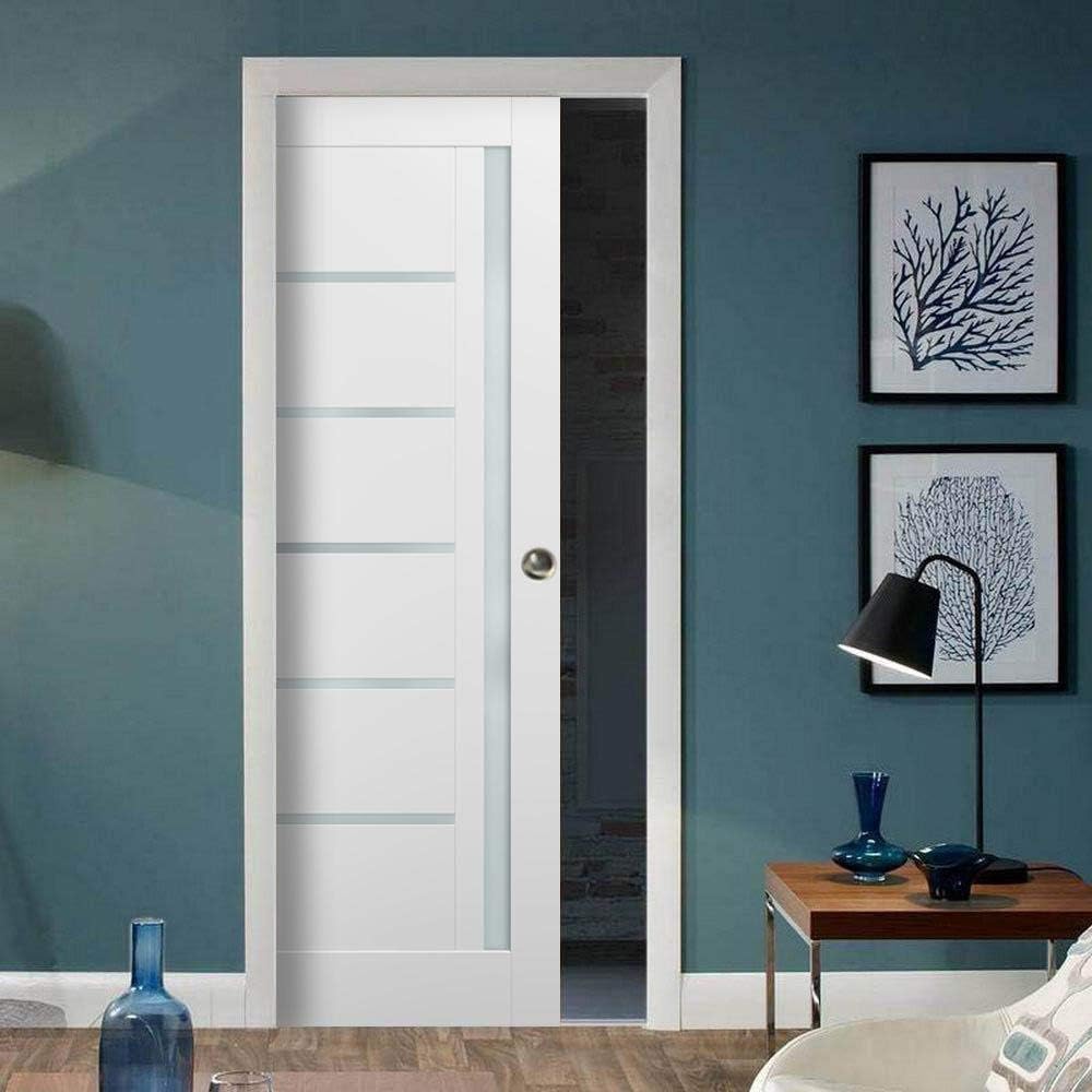 White Silk Frosted Opaque Glass Solid Wood Interior Sliding Closet Door with Frames and Hardware L945