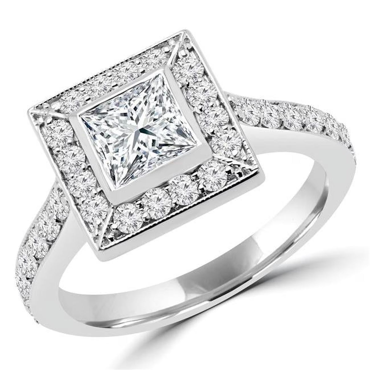 1.25 CTW Princess Diamond Vintage Bezel Set Halo Engagement Ring in 14K White Gold J178474