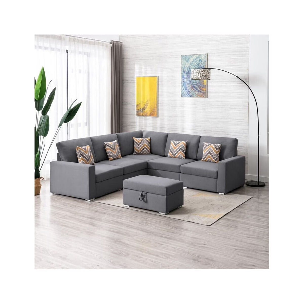 Gray Linen Fabric 6Pc Reversible Sectional Sofa with Pillows N92529
