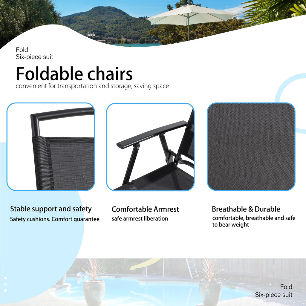 6 Piece Patio Dining Set with Umbrella, 4 Folding Chairs, Tempered Glass Top Dining Table Black P12492