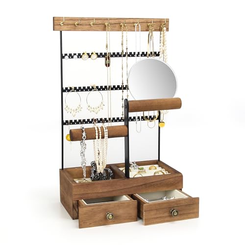 Jewelry Holder Organizer with Mirror, 9 Hooks, 2 Drawers, 4 Tier M813