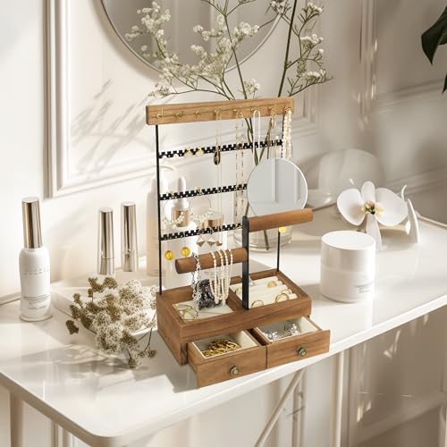 Jewelry Holder Organizer with Mirror, 9 Hooks, 2 Drawers, 4 Tier M813