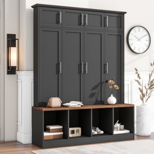 White 4-in-1 Hall Tree Coat Rack with 4 Shelves and 8 Cabinets X685