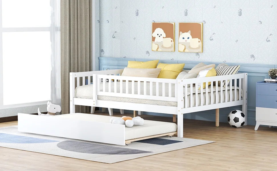 White Full Wood Daybed Frame with Trundle Q8985