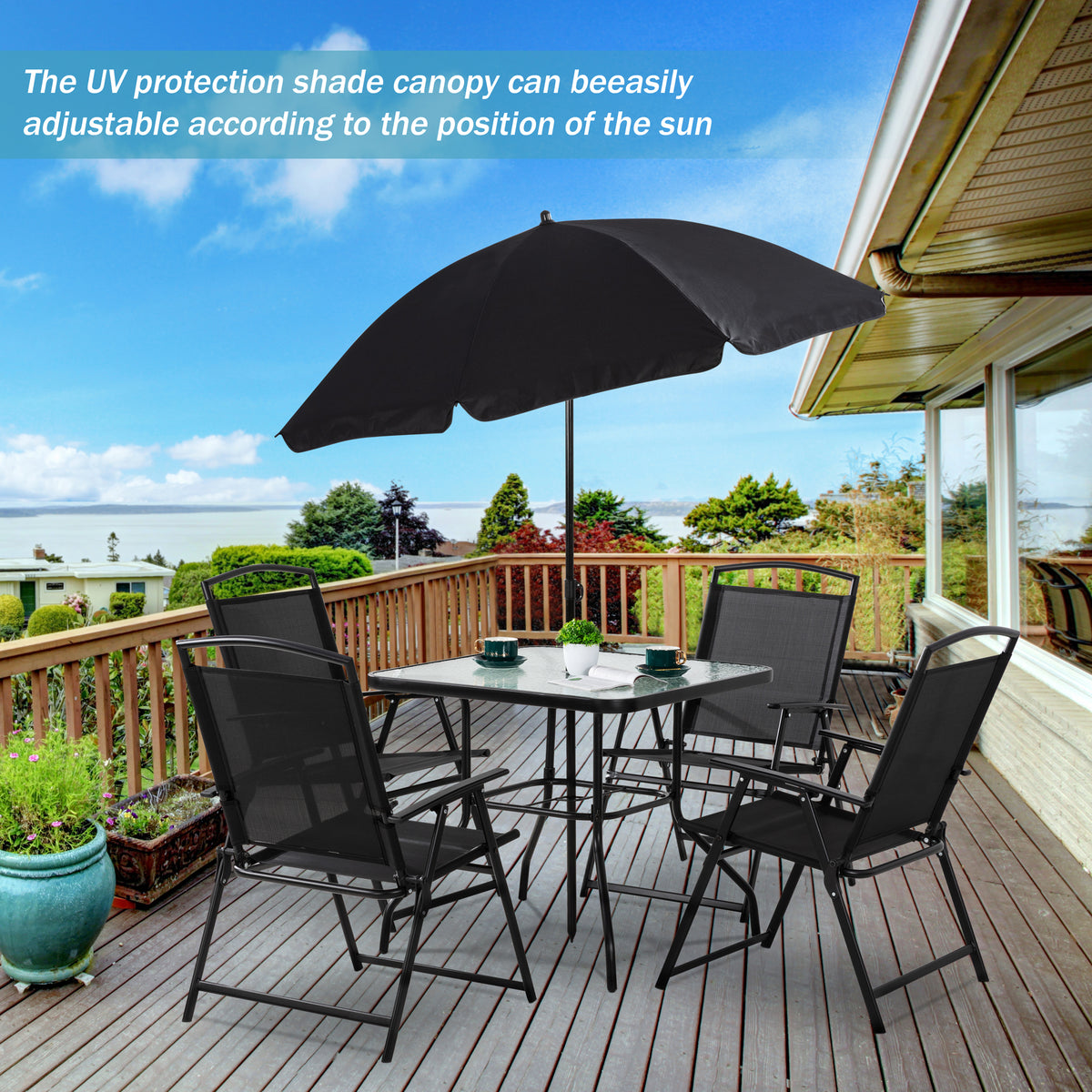 6 Piece Patio Dining Set with Umbrella, 4 Folding Chairs, Tempered Glass Top Dining Table Black P12492