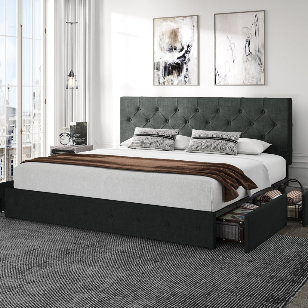 King Size Platform Bed Frame with Headboard and 4 Drawers A4224