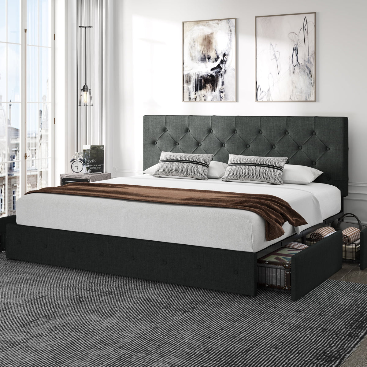King Size Platform Bed Frame with Headboard and 4 Drawers A4224
