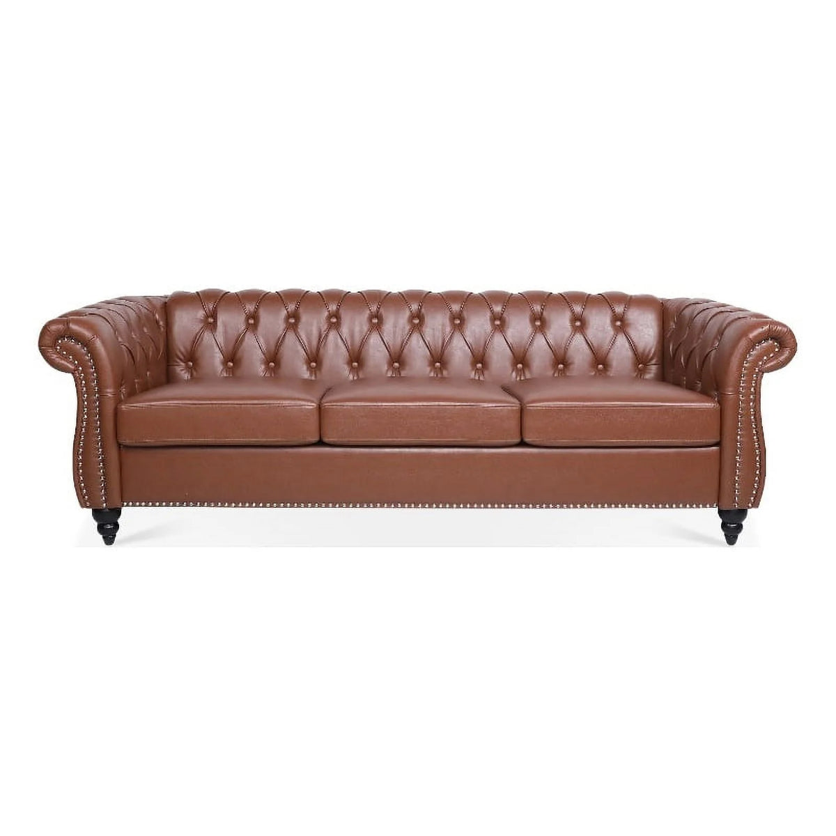 Brown PU Rolled Arm Chesterfield Three Seater Sofa K851
