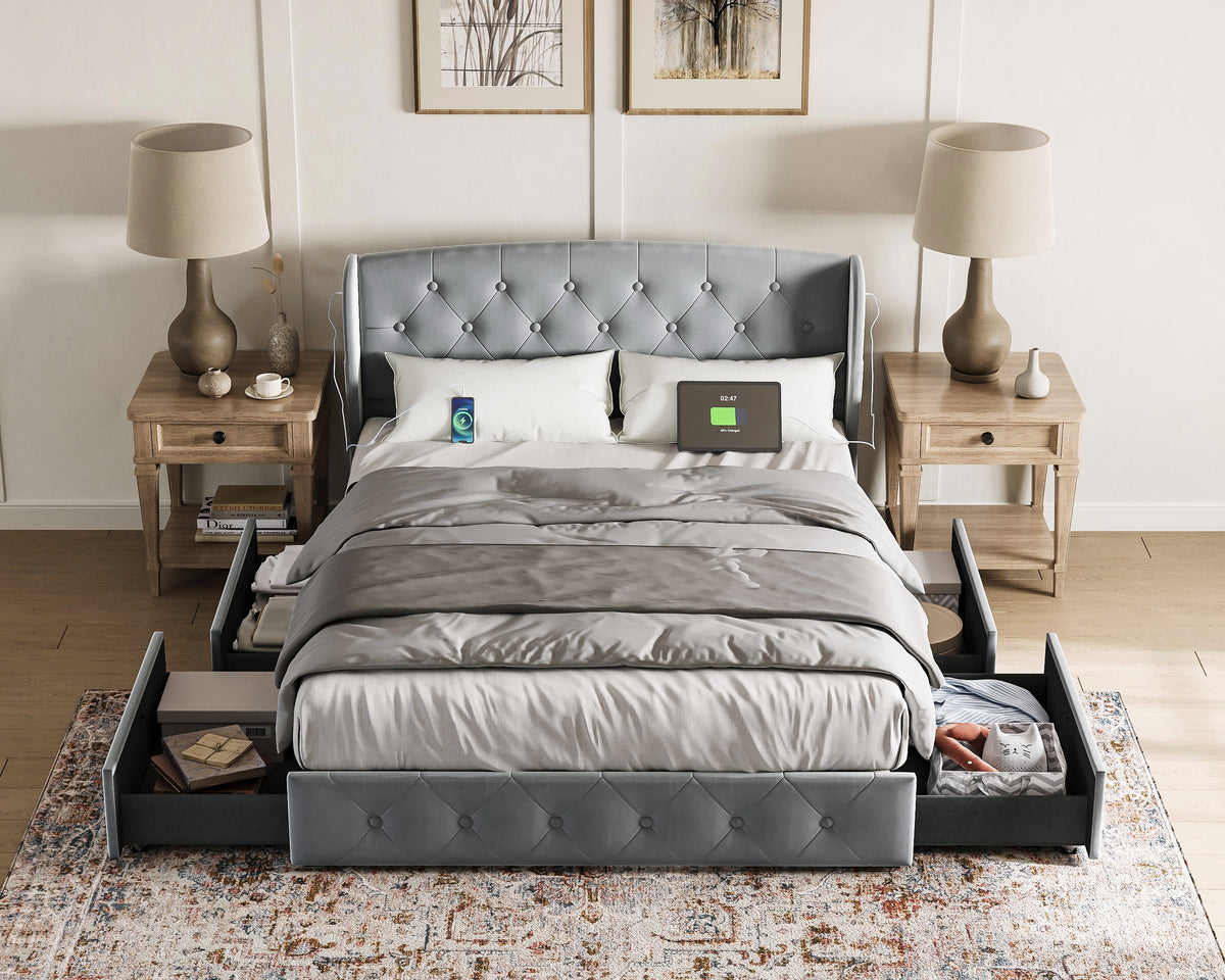 Light Grey Upholstered Full Size Platform Bed Frame with Headboard and 4 Storage Drawers S3682