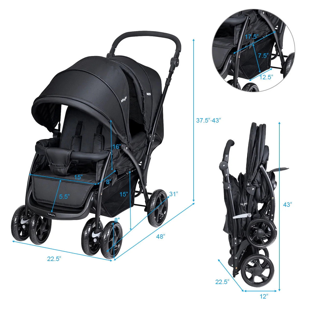 Foldable Lightweight Double Stroller Black J424