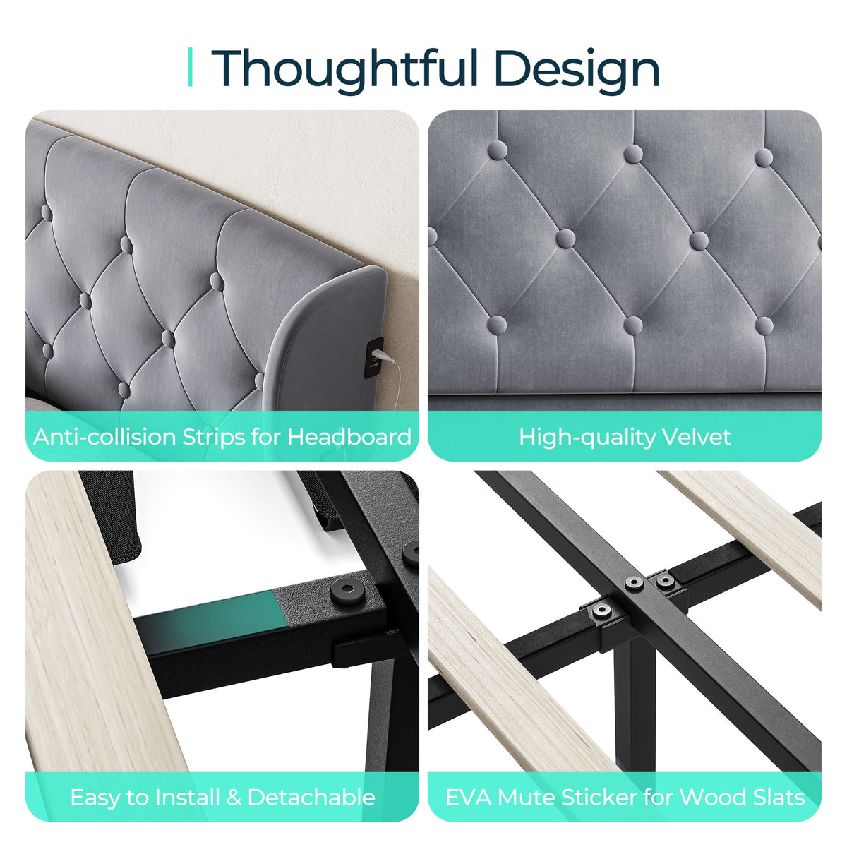 Light Grey Upholstered Full Size Platform Bed Frame with Headboard and 4 Storage Drawers S3682