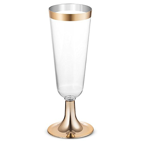 50 Plastic Gold Rimmed Champagne Flutes 5.5 oz Clear Disposable Cup I19204