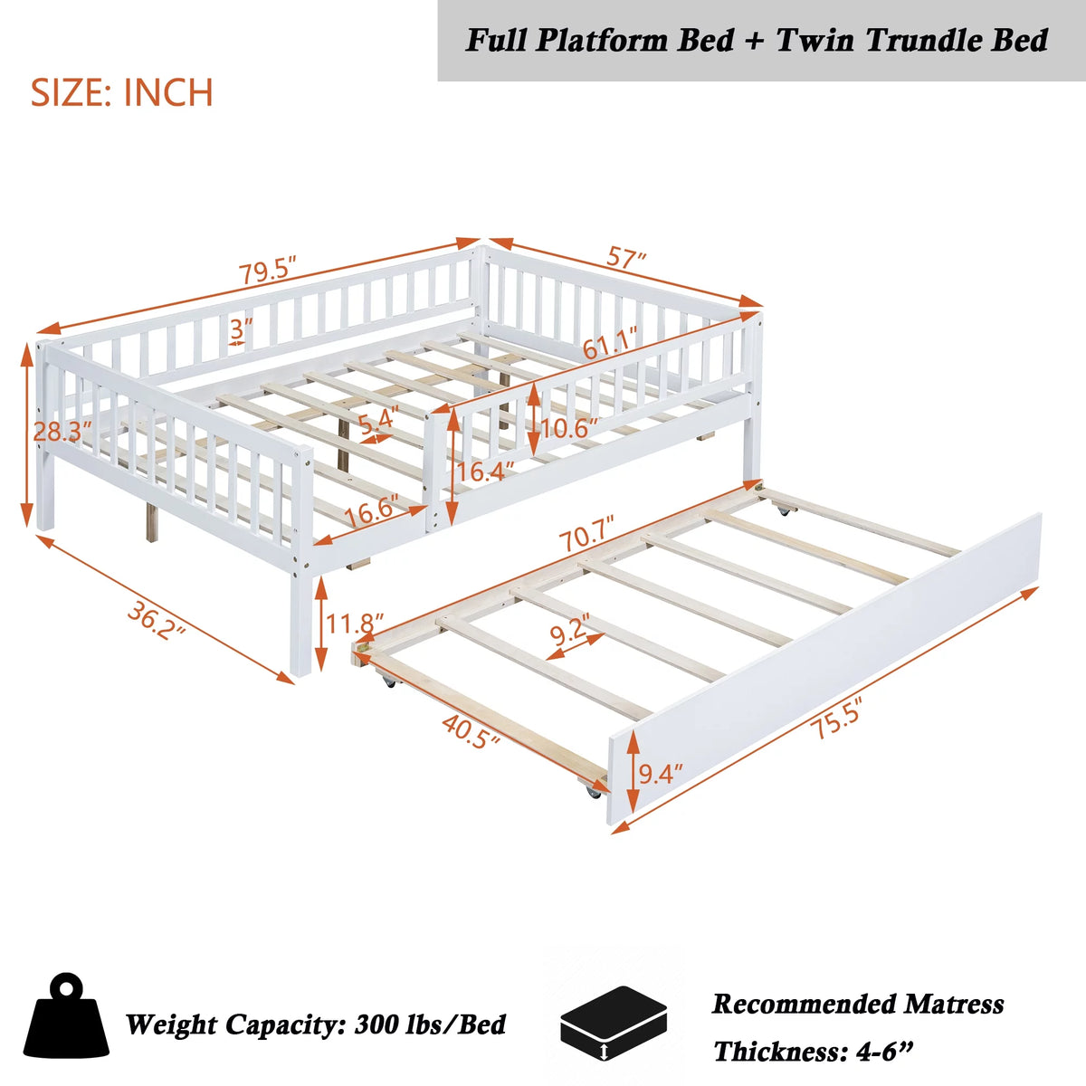 White Full Wood Daybed Frame with Trundle Q8985