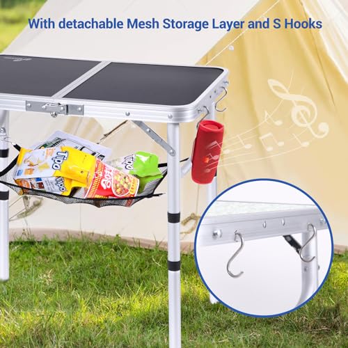Adjustable Height Small Folding Camping Table with Mesh Layer E92111