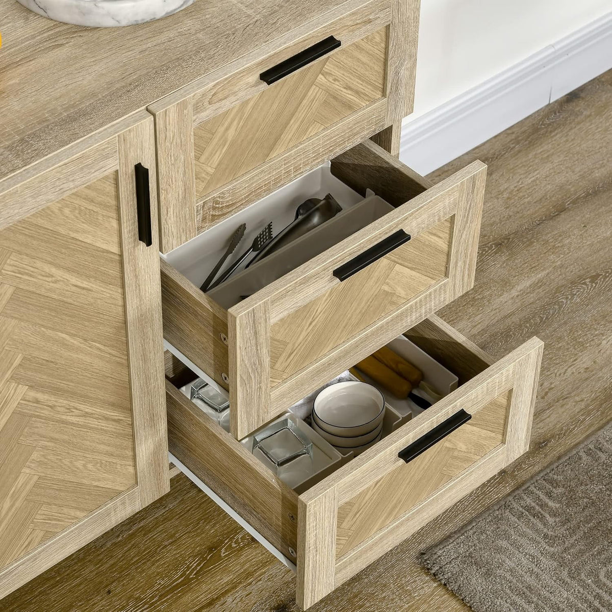 Oak Coffee Bar Cabinet with Drawers and Adjustable Shelves E64486