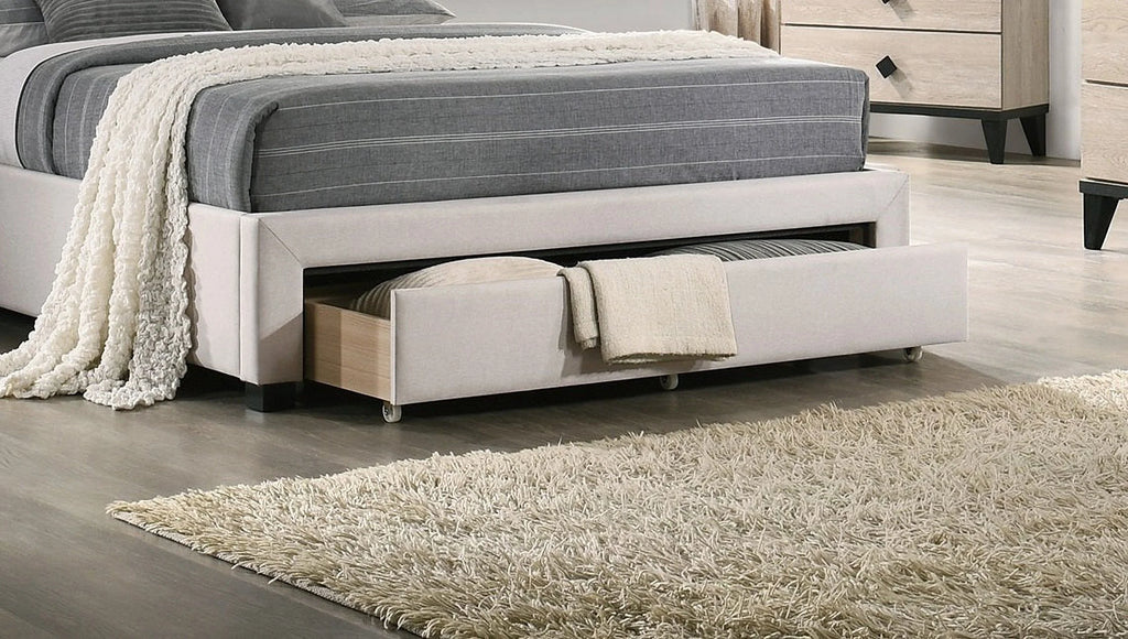 Queen Size Bed with Drawer Button Tufted Light Brown Q198342