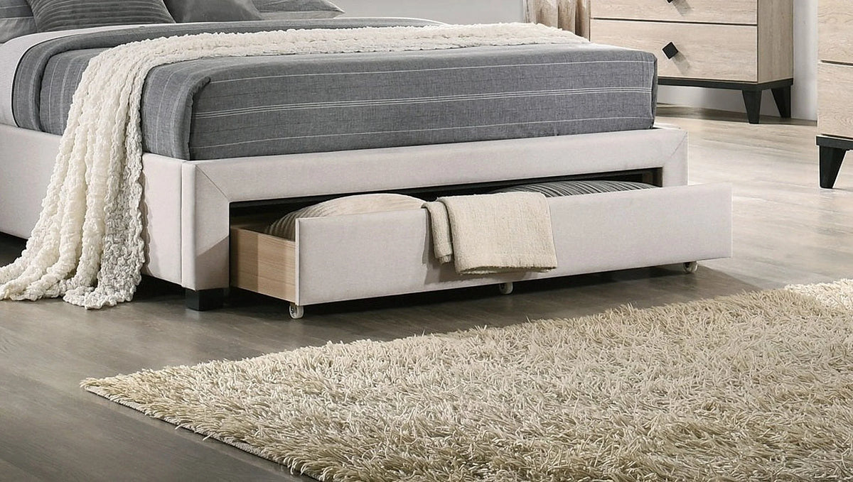 Queen Size Bed with Drawer Button Tufted Light Brown Q198342