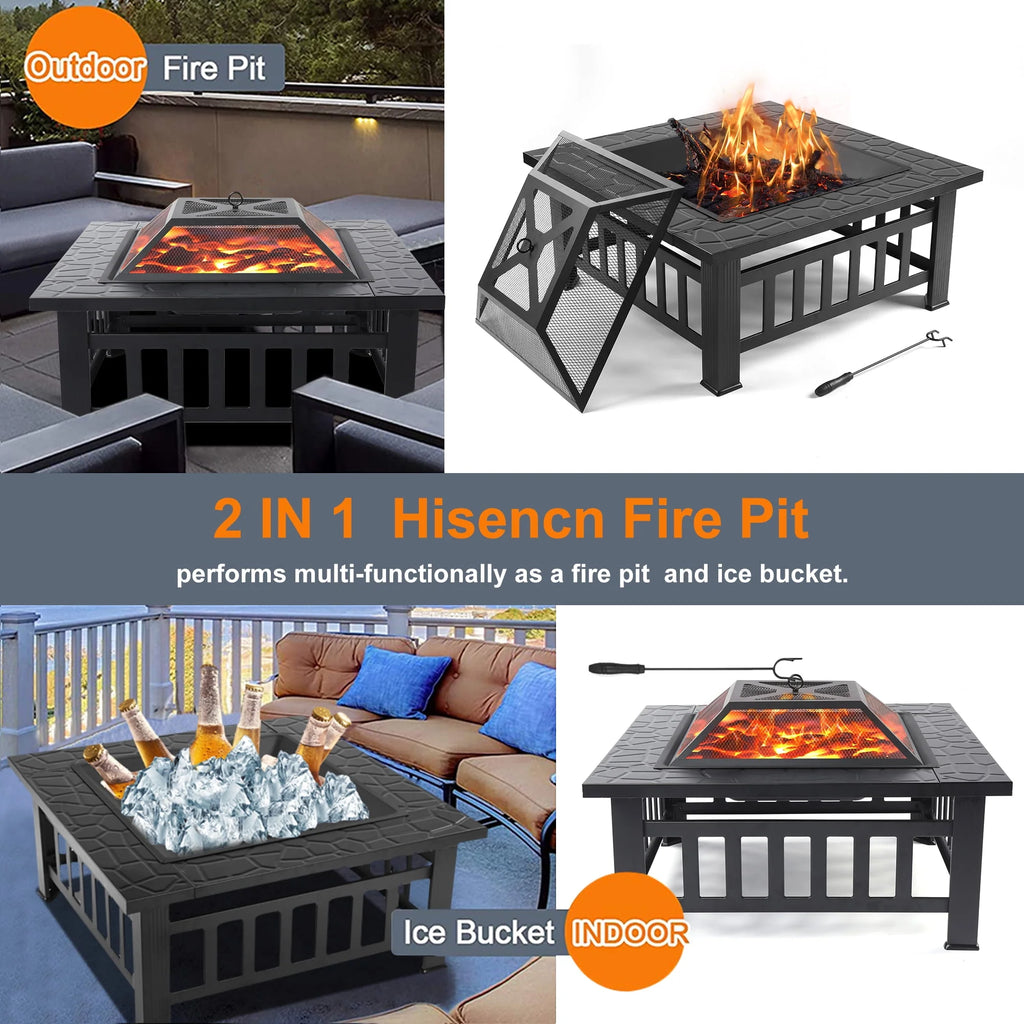 32 Square Metal Fire Pit Table with Spark Screen & Log Poker E9294