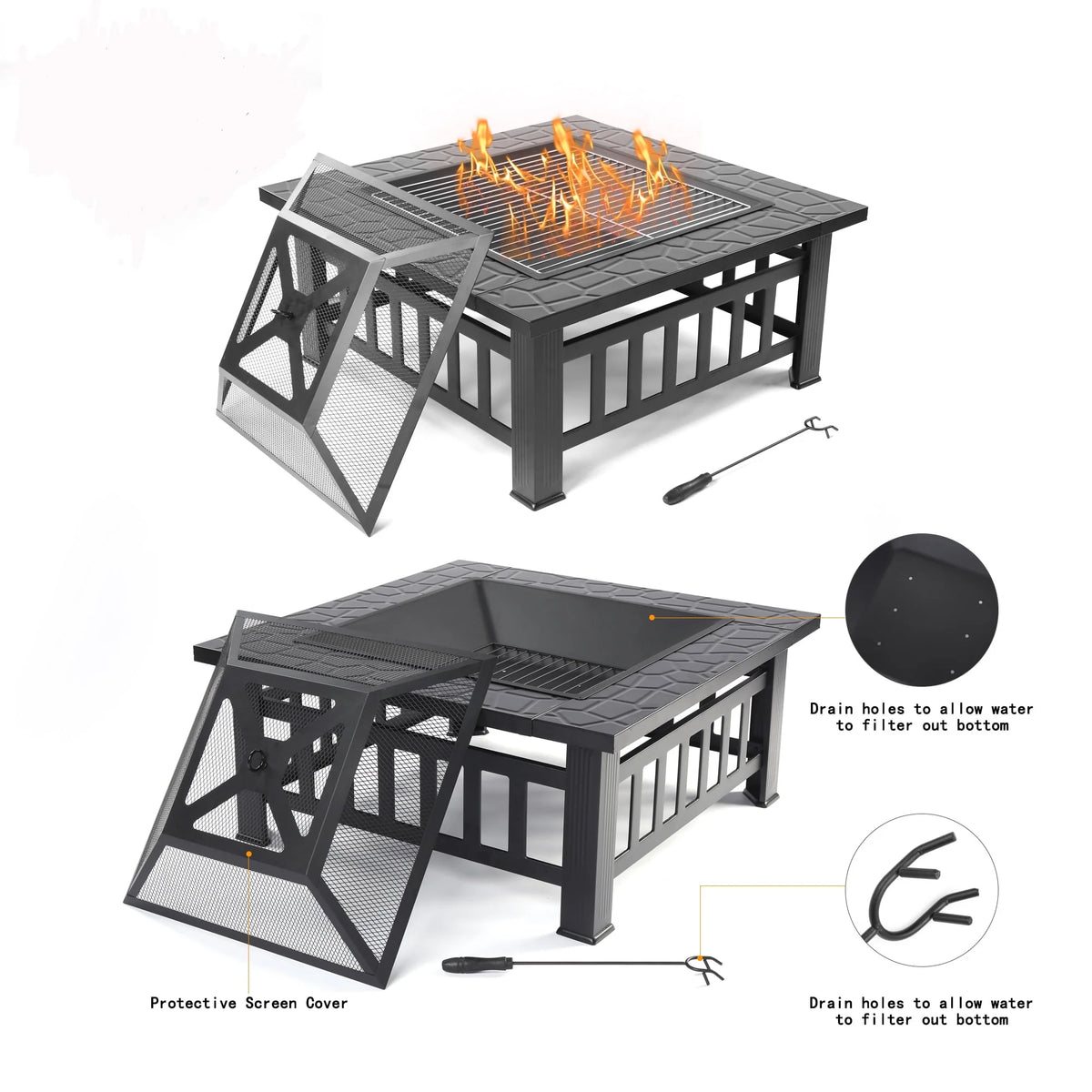 32 Square Metal Fire Pit Table with Spark Screen & Log Poker E9294