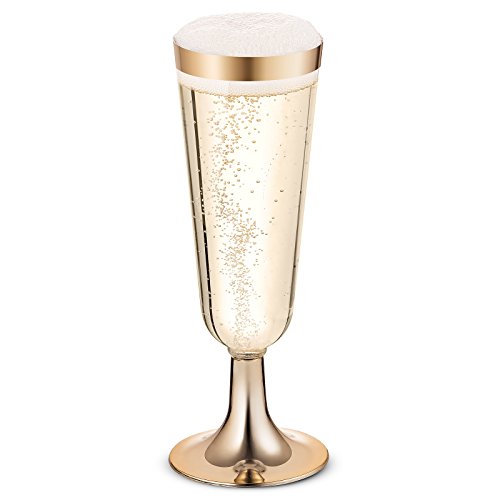 50 Plastic Gold Rimmed Champagne Flutes 5.5 oz Clear Disposable Cup I19204