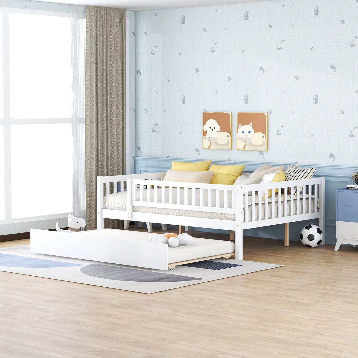 White Full Wood Daybed Frame with Trundle Q8985