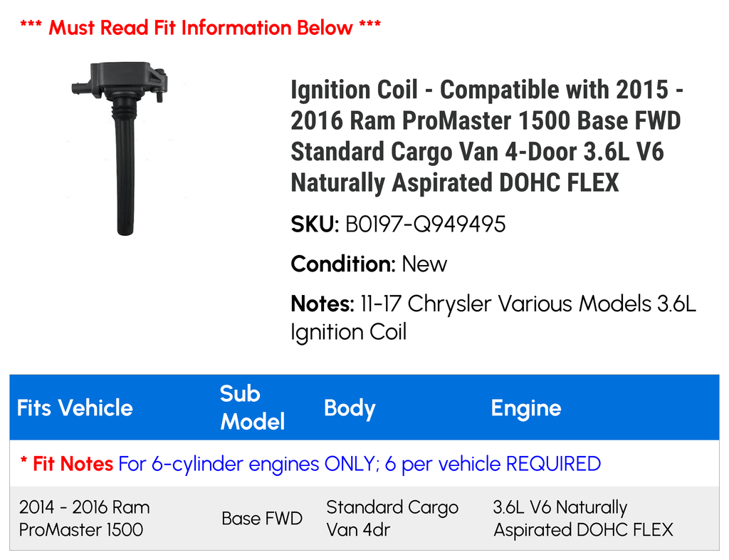 Ignition Coil for 2015-2016 Ram ProMaster 1500 3.6L V6 B285551