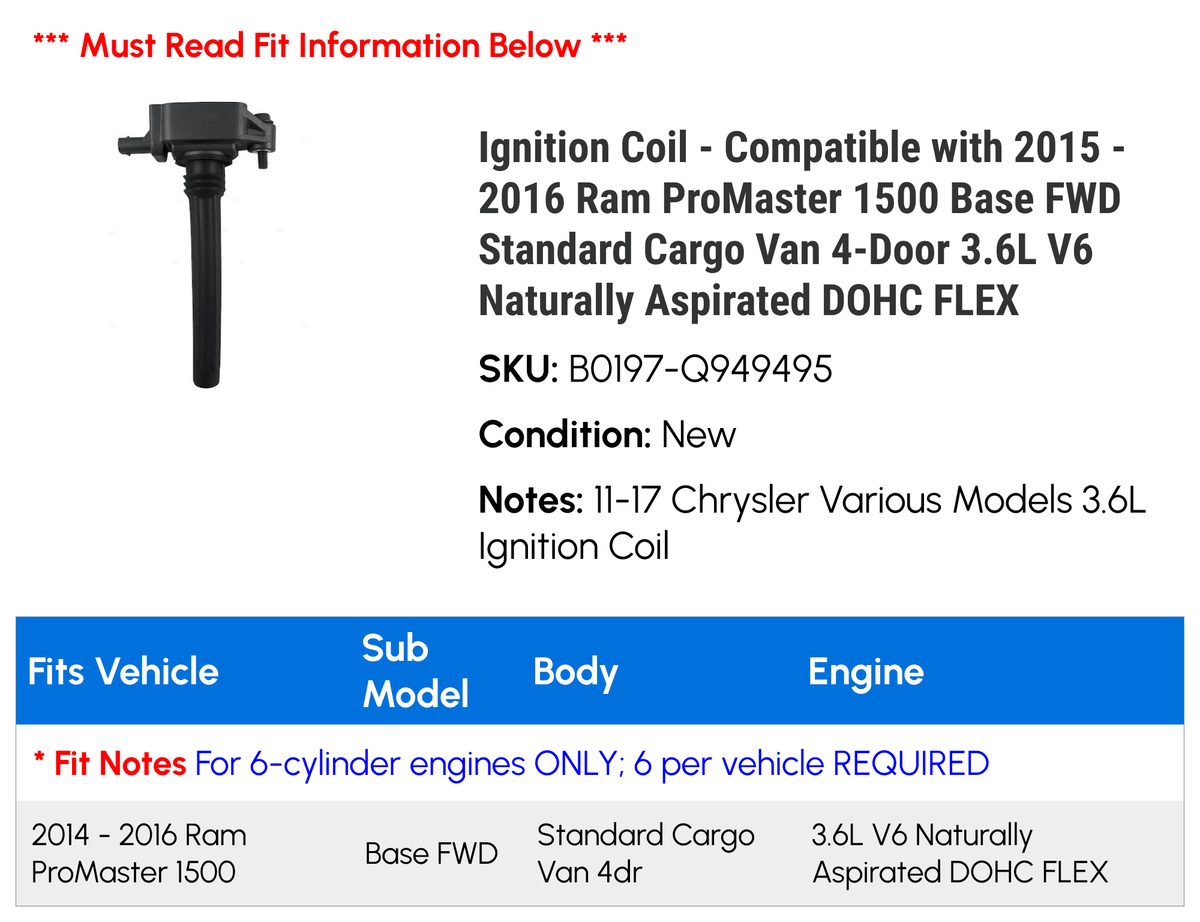 Ignition Coil for 2015-2016 Ram ProMaster 1500 3.6L V6 B285551