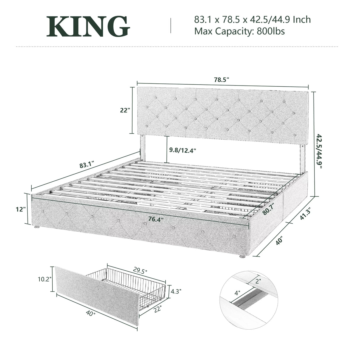 King Size Platform Bed Frame with Headboard and 4 Drawers A4224