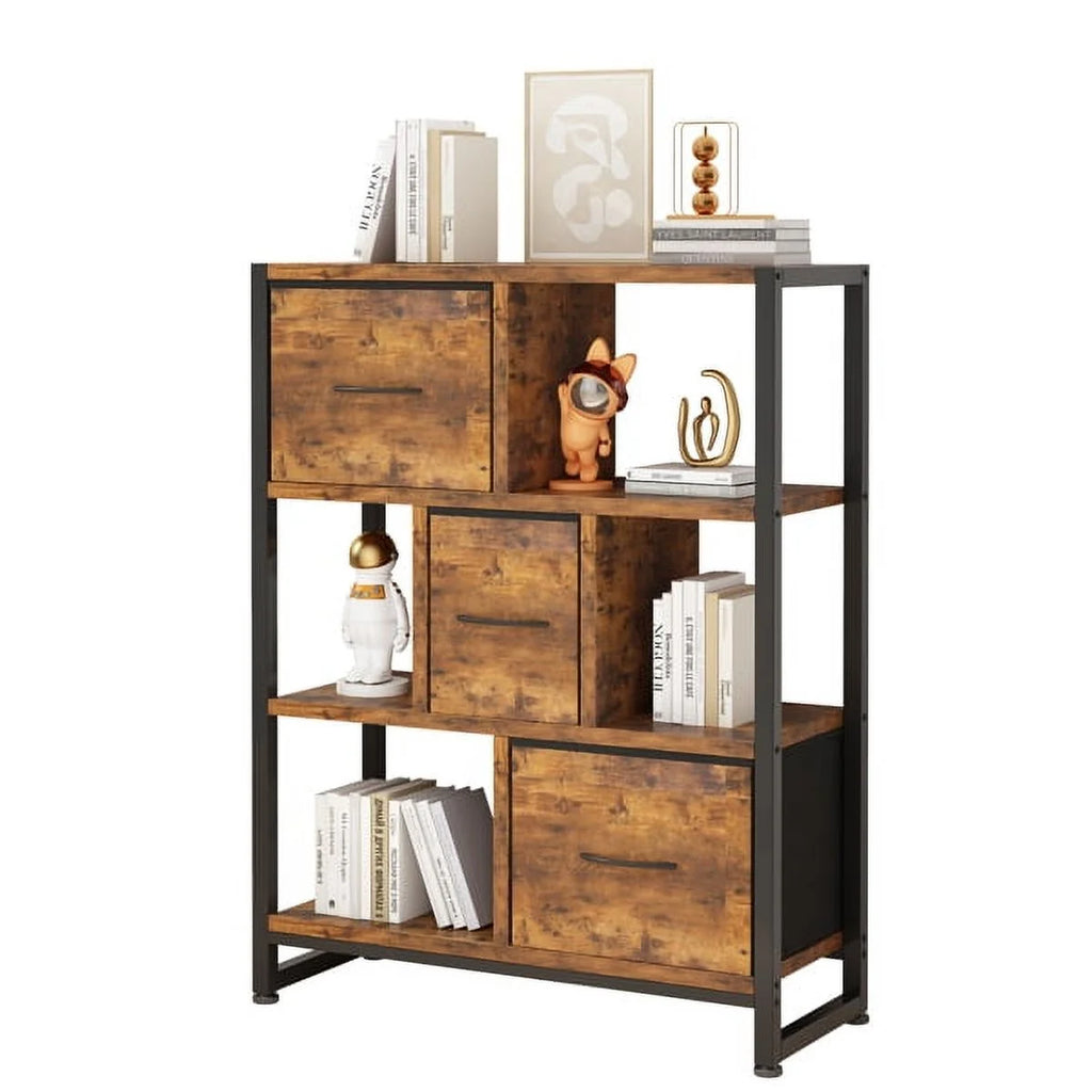 4 Tier Wood & Metal Bookshelf with Drawers E589
