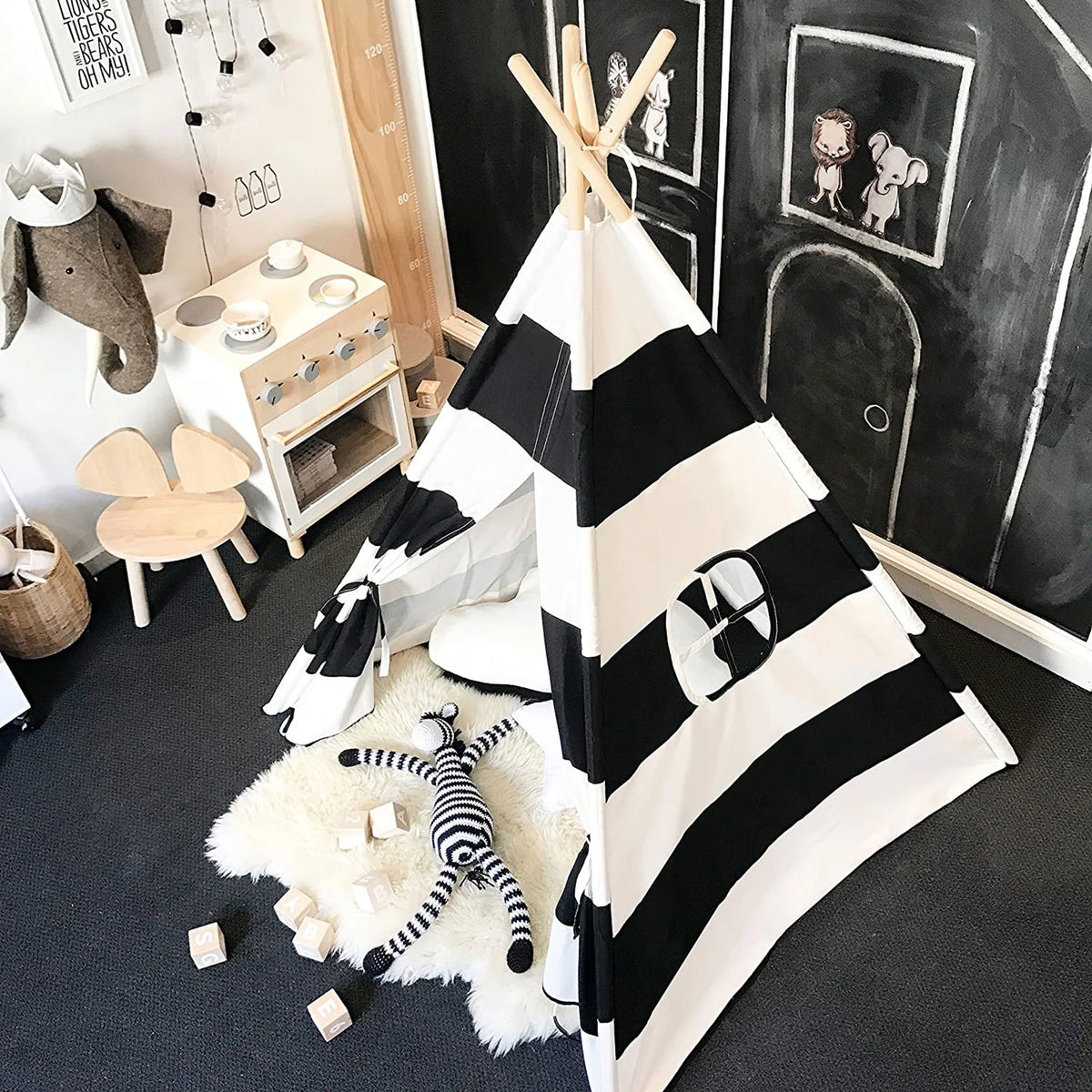Black White Striped Kids Teepee Canvas Tent Playhouse V6552