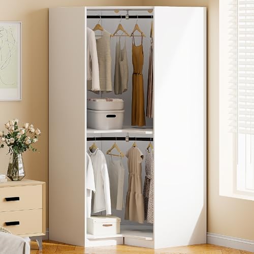 Natural Polygon Wooden Corner Wardrobe Closet with 2 Hanging Rails & Shelves L576
