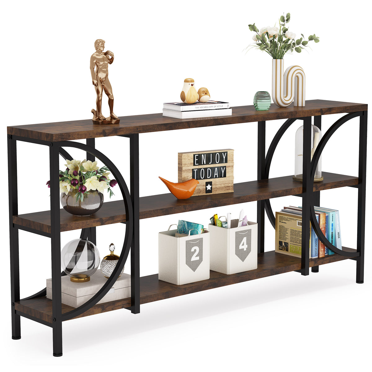 Rustic Brown 3 Tier Narrow Console Table with Storage Shelves T739861