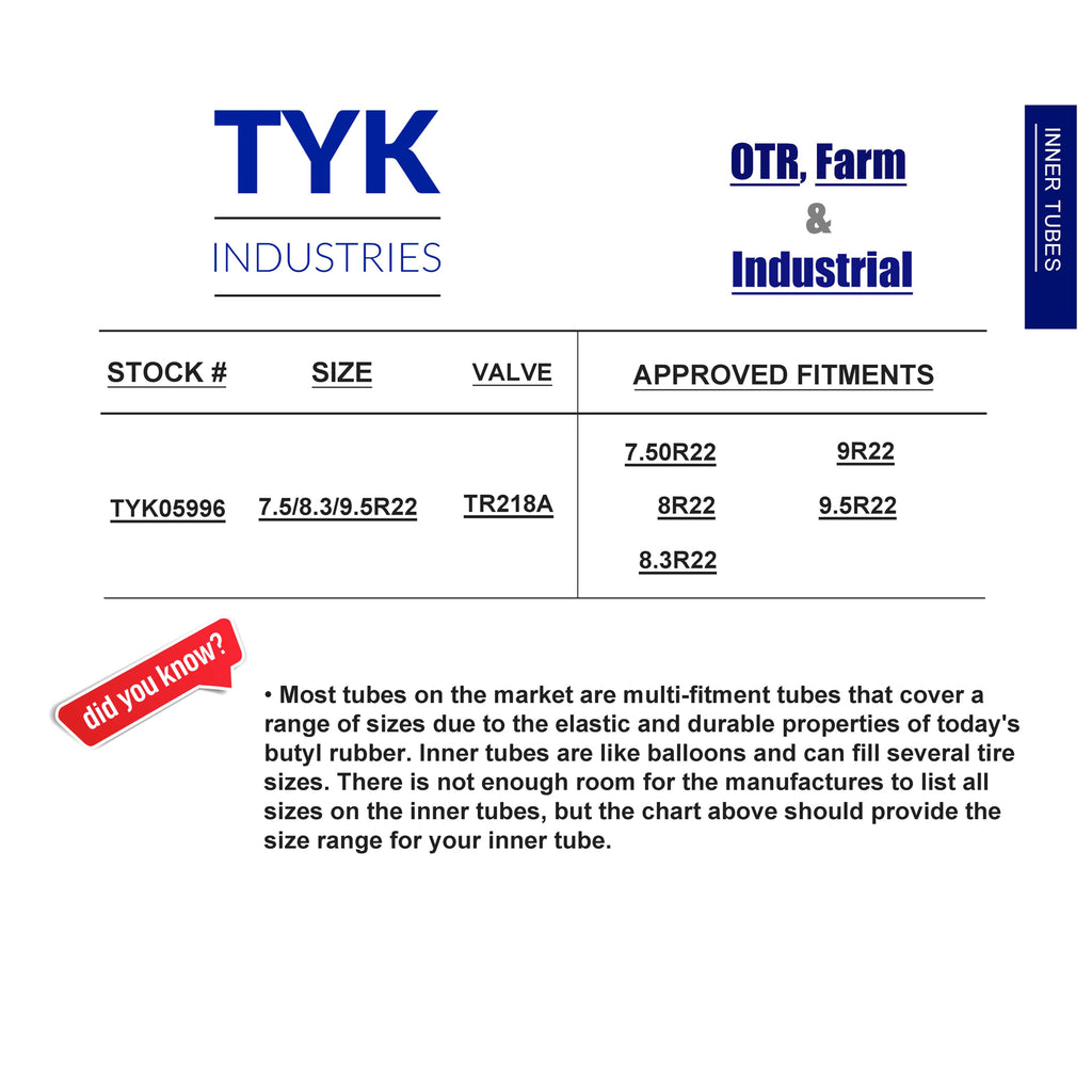 Two 7.5-22, 8-22, 8.3-22, 9-22, 9.5-22 Tractor Tire Inner Tubes TR218A Radial S730