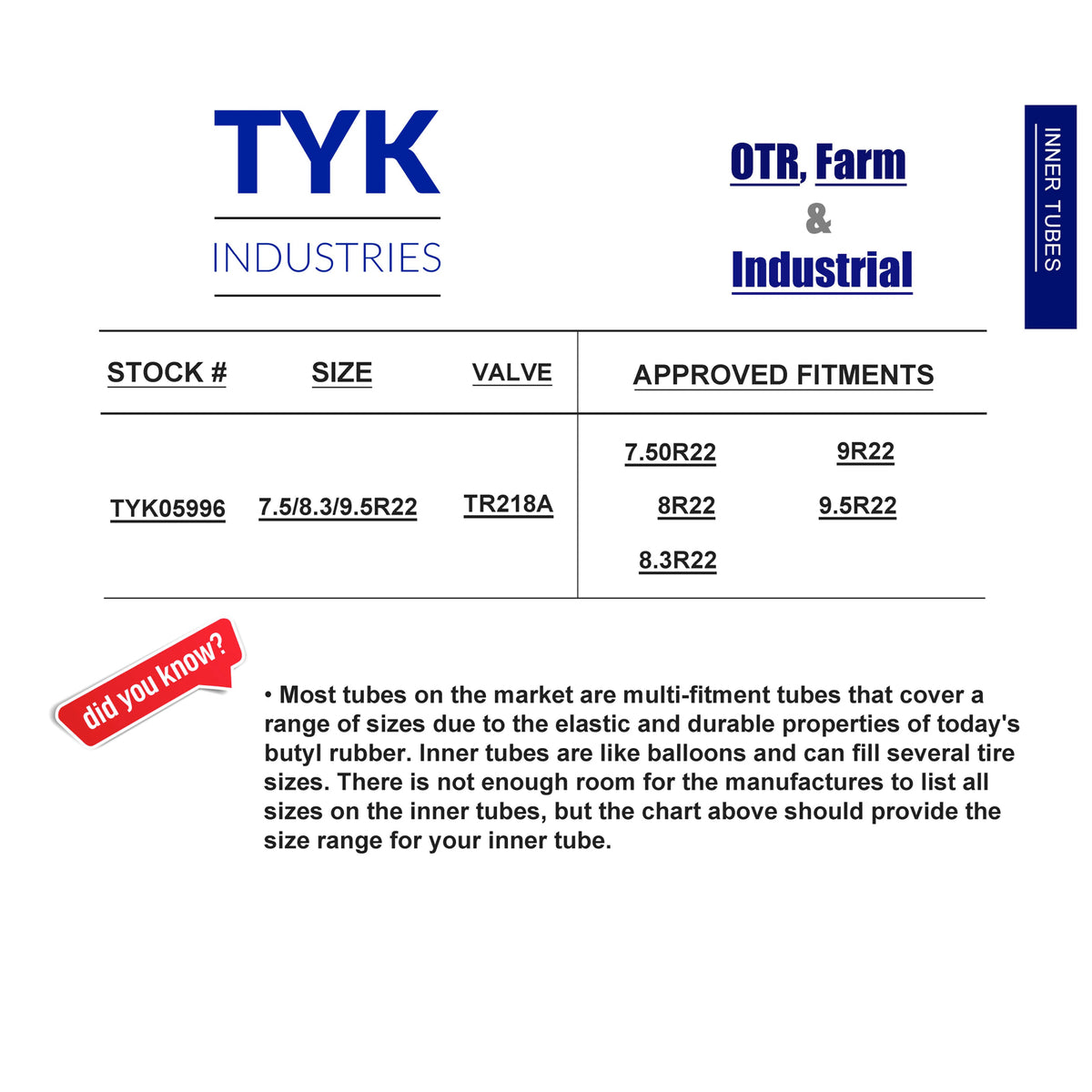 Two 7.5-22, 8-22, 8.3-22, 9-22, 9.5-22 Tractor Tire Inner Tubes TR218A Radial S730