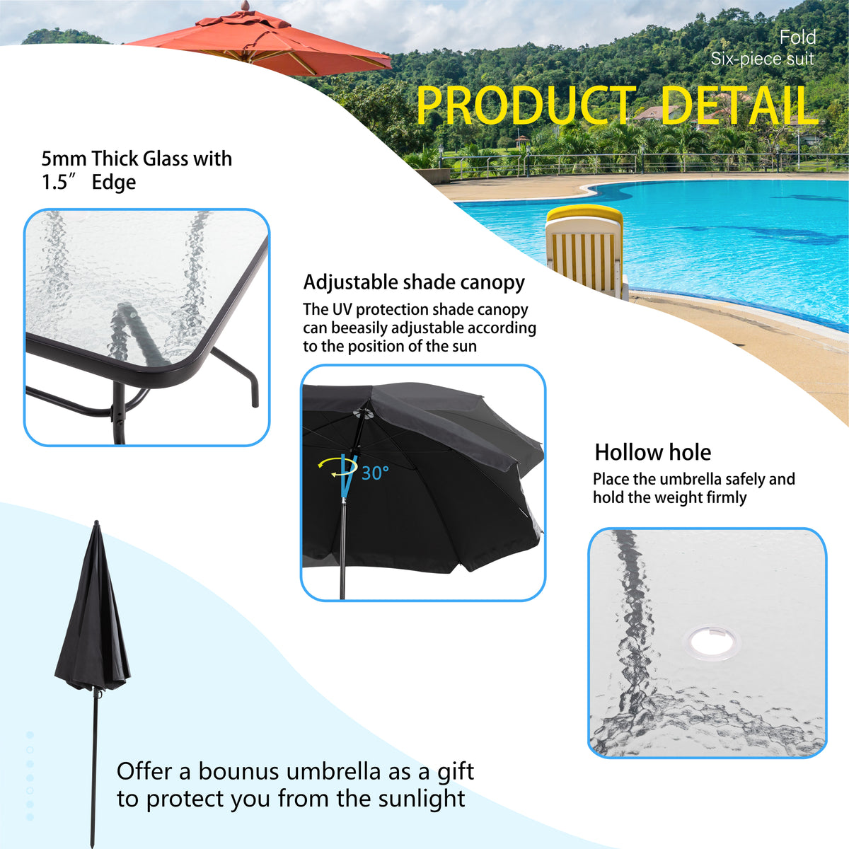 6 Piece Patio Dining Set with Umbrella, 4 Folding Chairs, Tempered Glass Top Dining Table Black P12492
