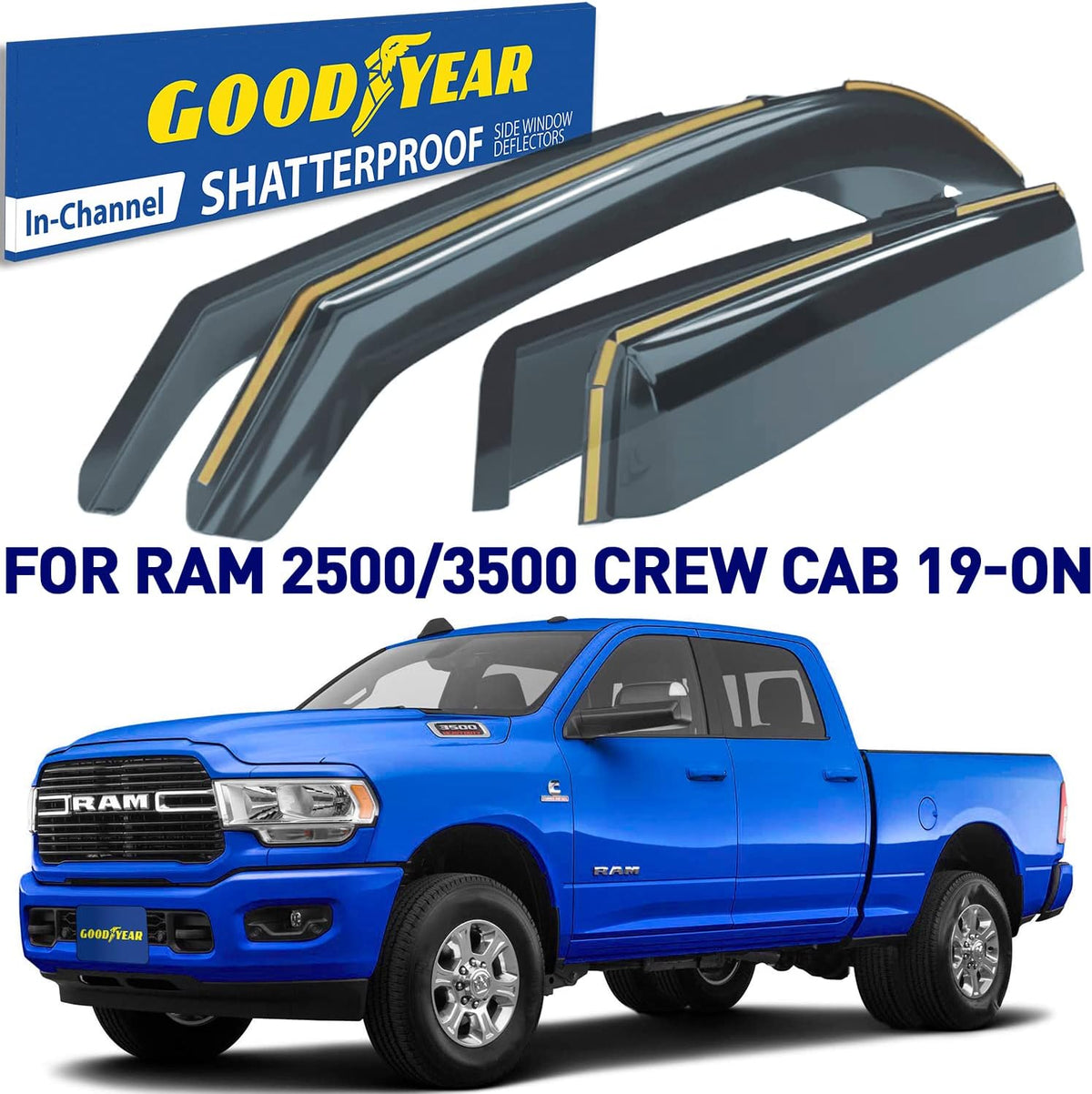 Shatterproof Side Window Deflectors for Dodge RAM 2500 3500 2019-2022 Crew Cab, 4pcs H43679