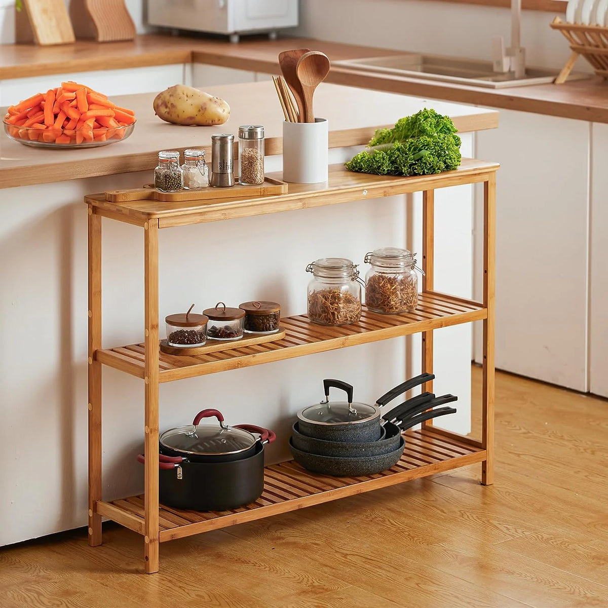 3 Tier Bamboo Console Table with Shoe Storage C944827