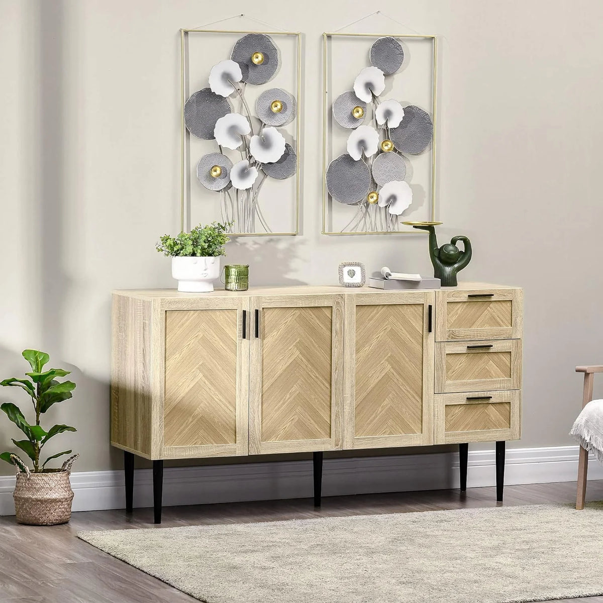 Oak Coffee Bar Cabinet with Drawers and Adjustable Shelves E64486