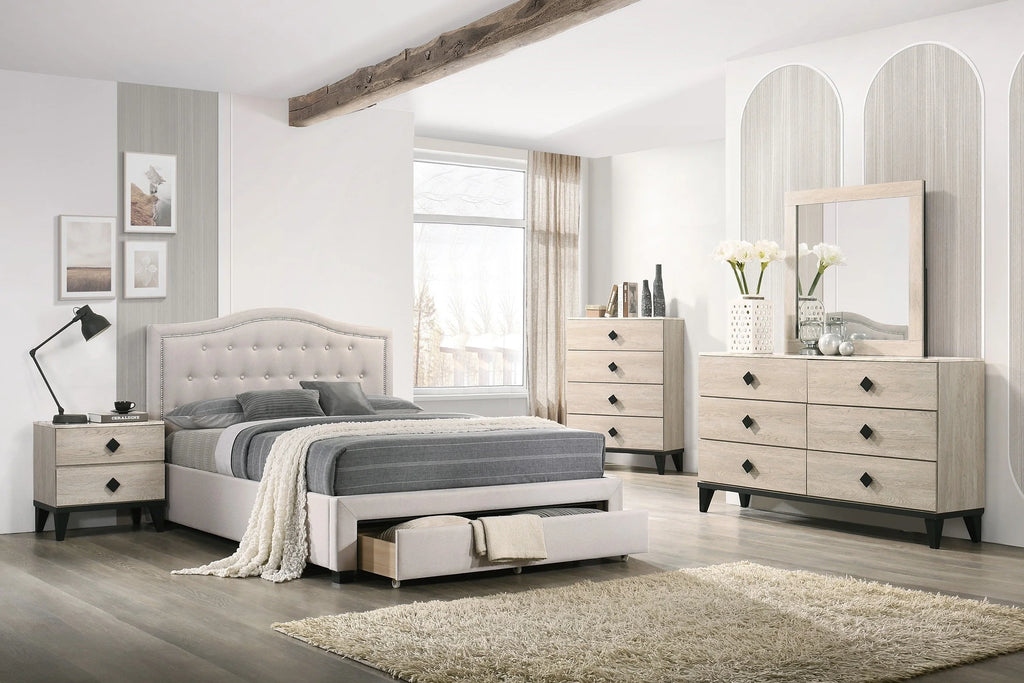 Queen Size Bed with Drawer Button Tufted Light Brown Q198342