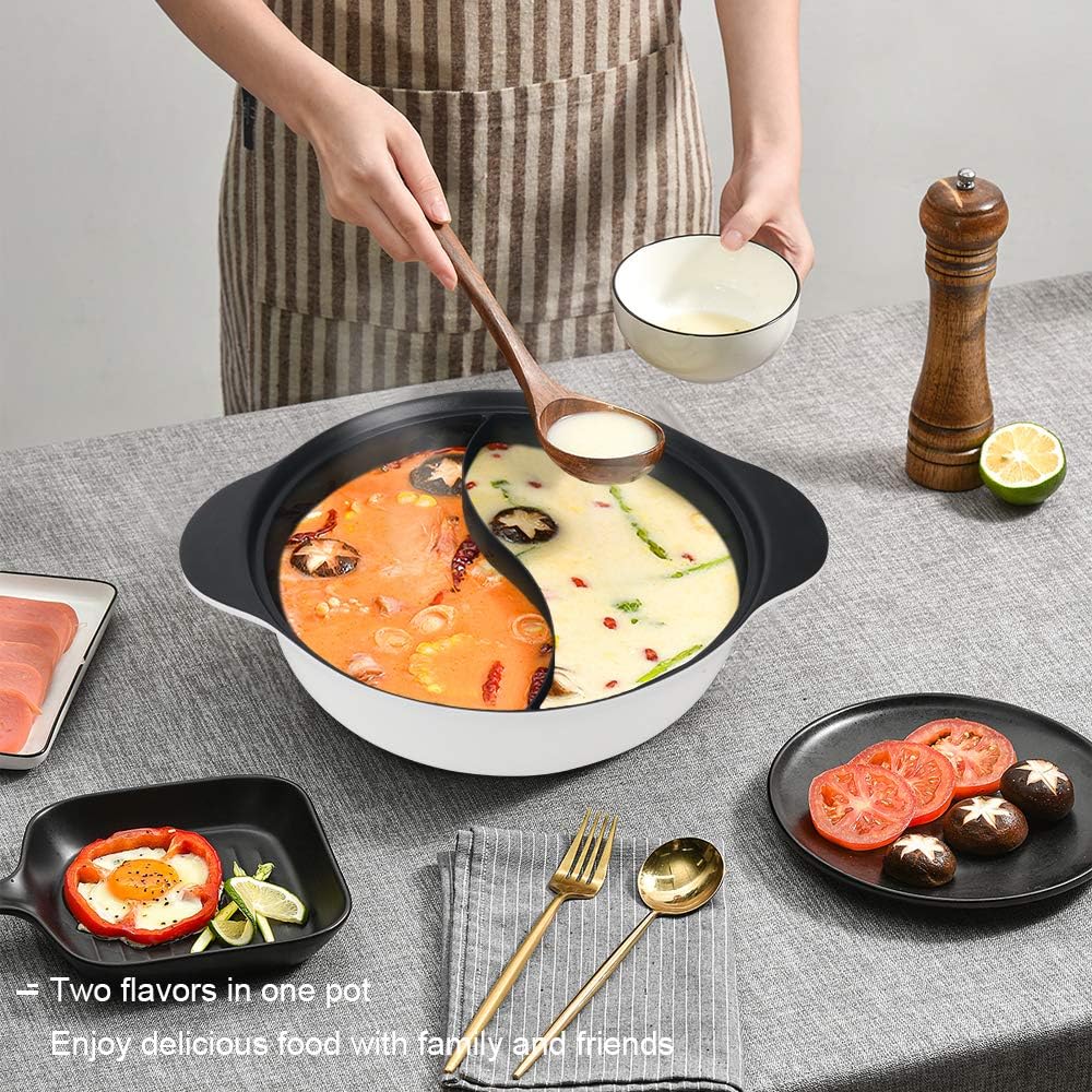 11 Inch White Non-Stick Shabu Shabu Pot with Divider O5358