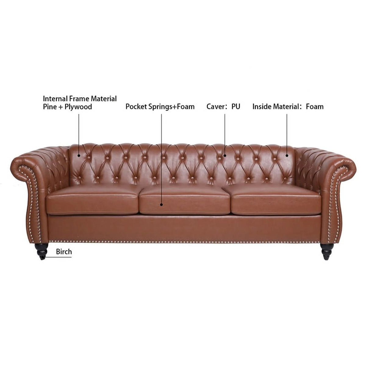 Brown PU Rolled Arm Chesterfield Three Seater Sofa K851