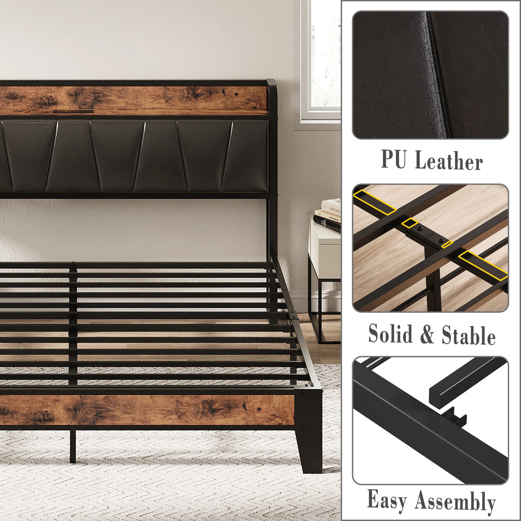 King Metal Bed Frame with Black Storage Headboard V618881