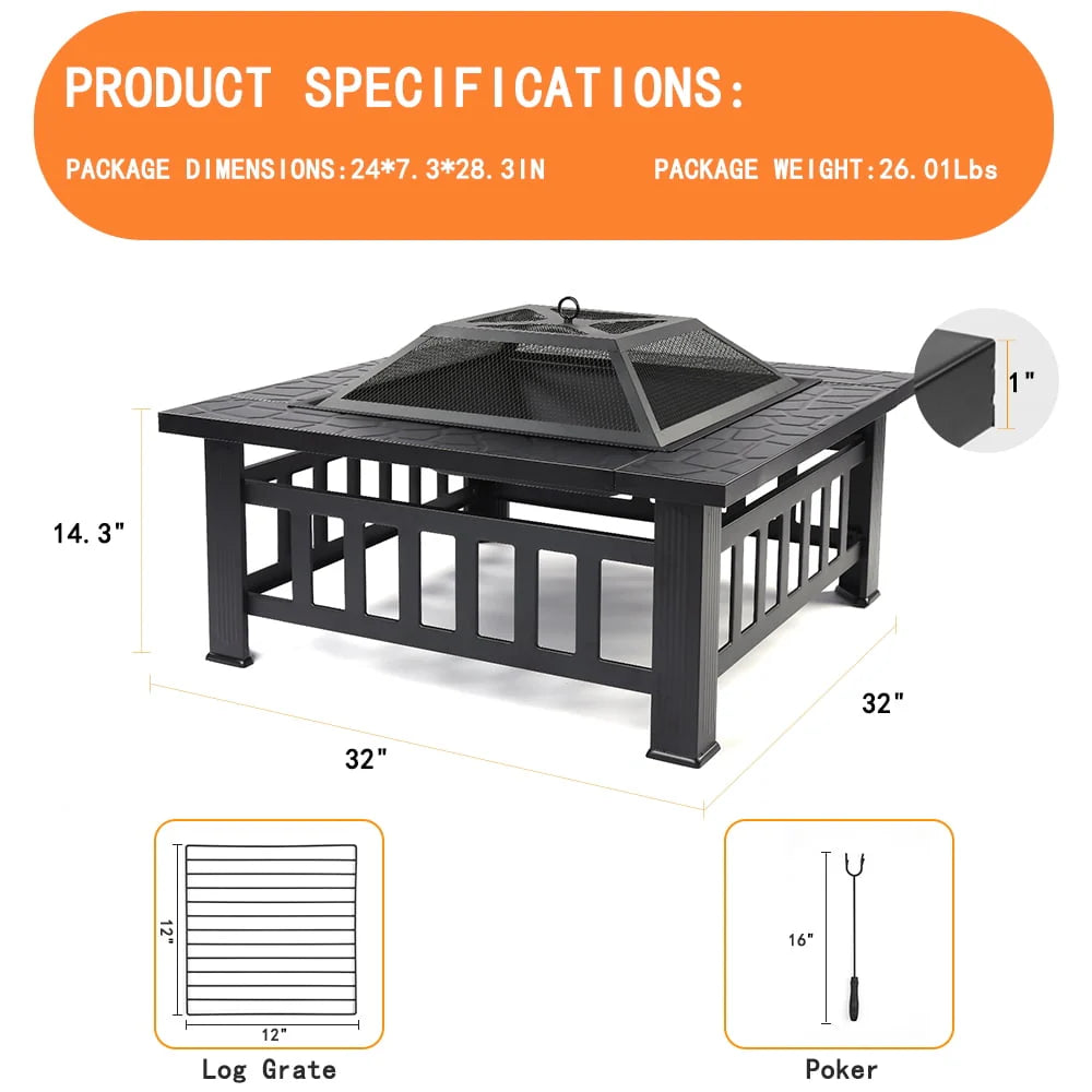 32 Square Metal Fire Pit Table with Spark Screen & Log Poker E9294