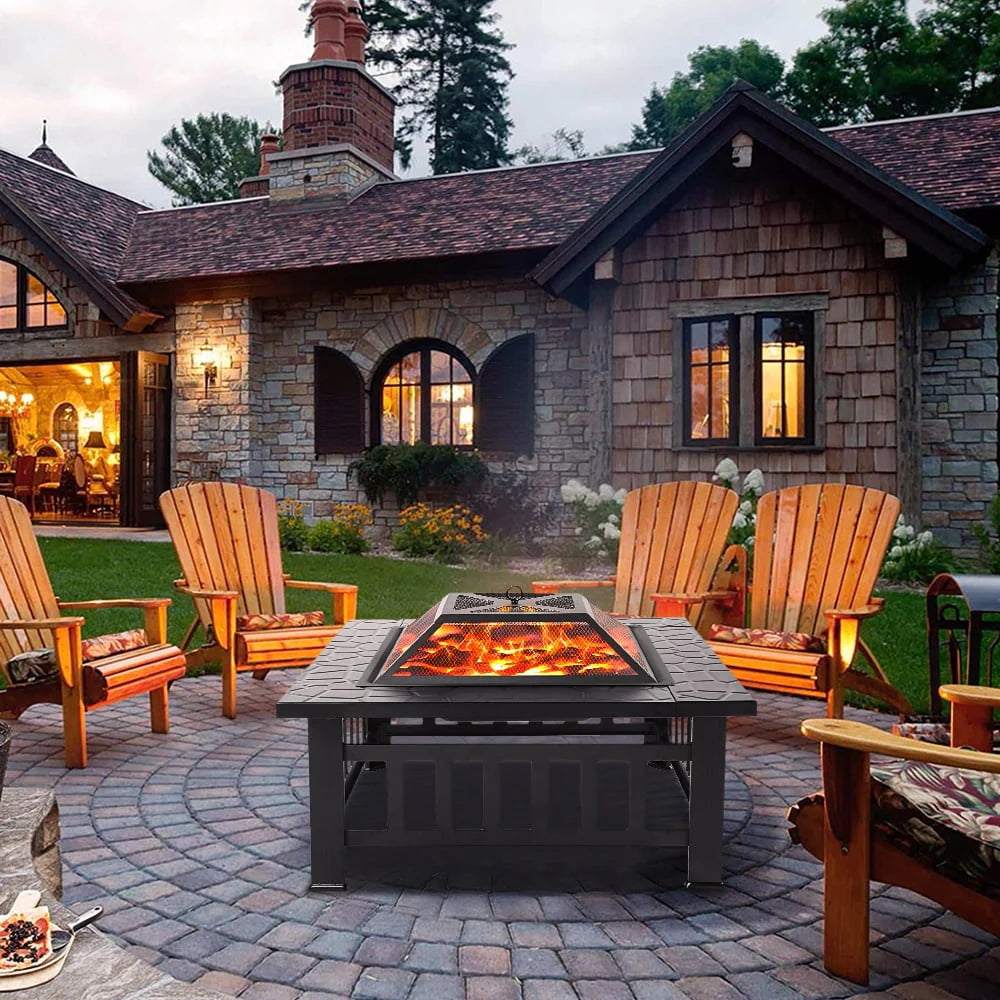 32 Square Metal Fire Pit Table with Spark Screen & Log Poker E9294