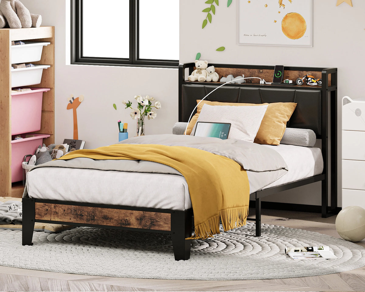 King Metal Bed Frame with Black Storage Headboard V618881
