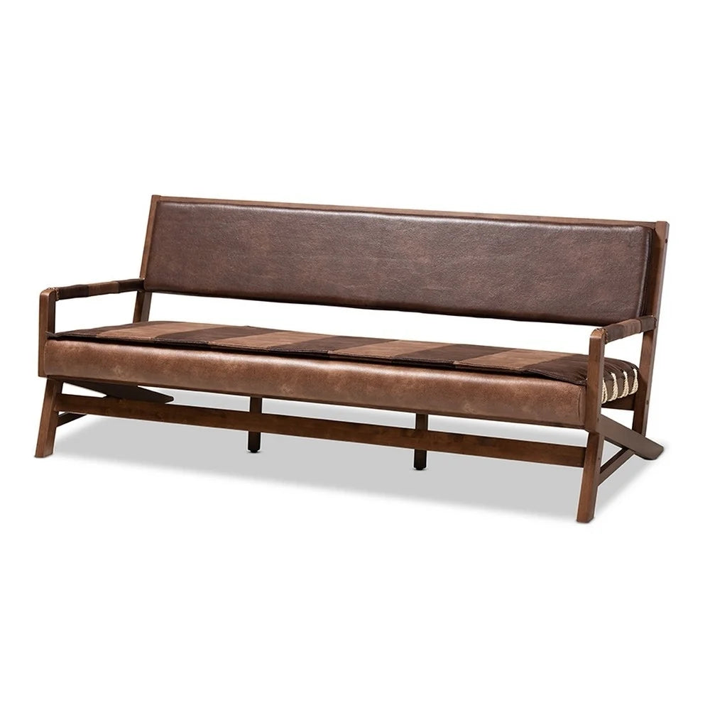 Rustic Brown Faux Leather Upholstered Walnut Finished Wood Sofa O59765
